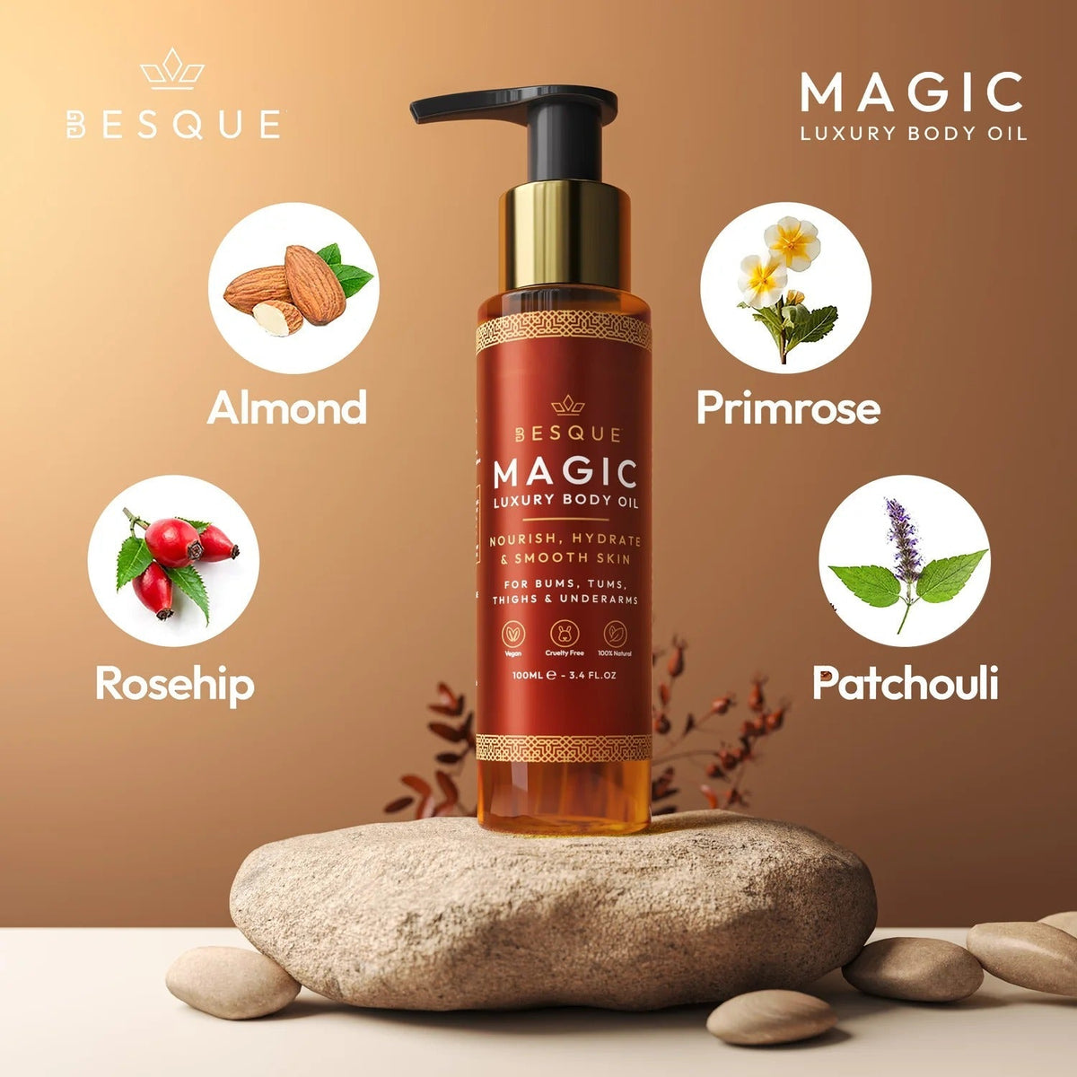 Besque Original Magic Body Oil – Hydrating Body Oil for Women, 3.4 Fl Oz / 100.55 mL